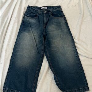 Bershka Men's Dark Blue Relaxed Jeans